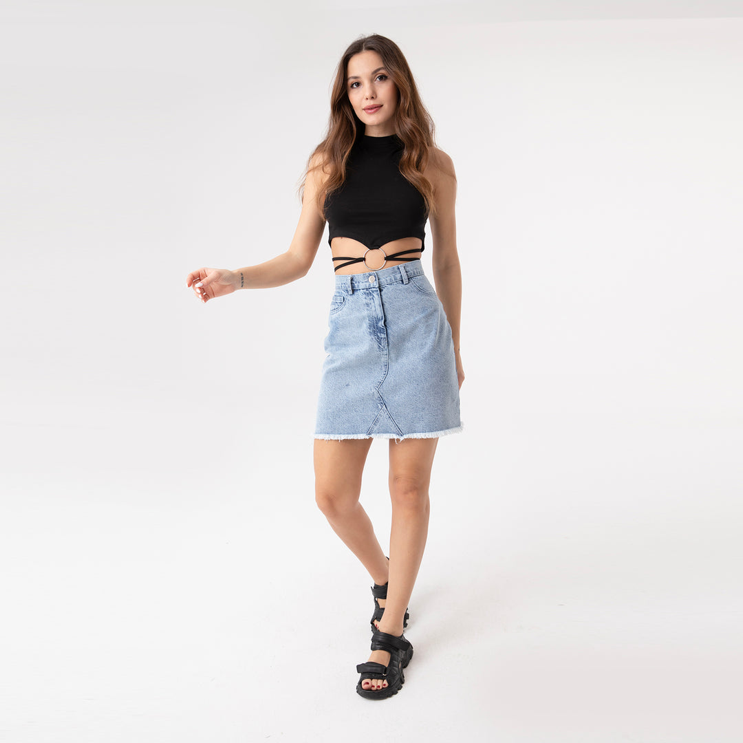 Crop Top Metal Ring and Cut Off Shoulder Detail Top 31060
