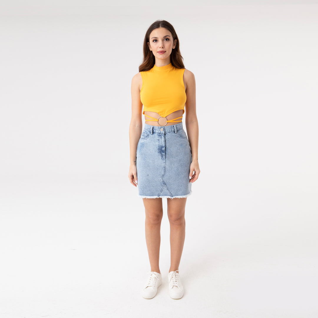 Crop Top Metal Ring and Cut Off Shoulder Detail Top 31060