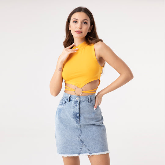 Crop Top Metal Ring and Cut Off Shoulder Detail Top 31060