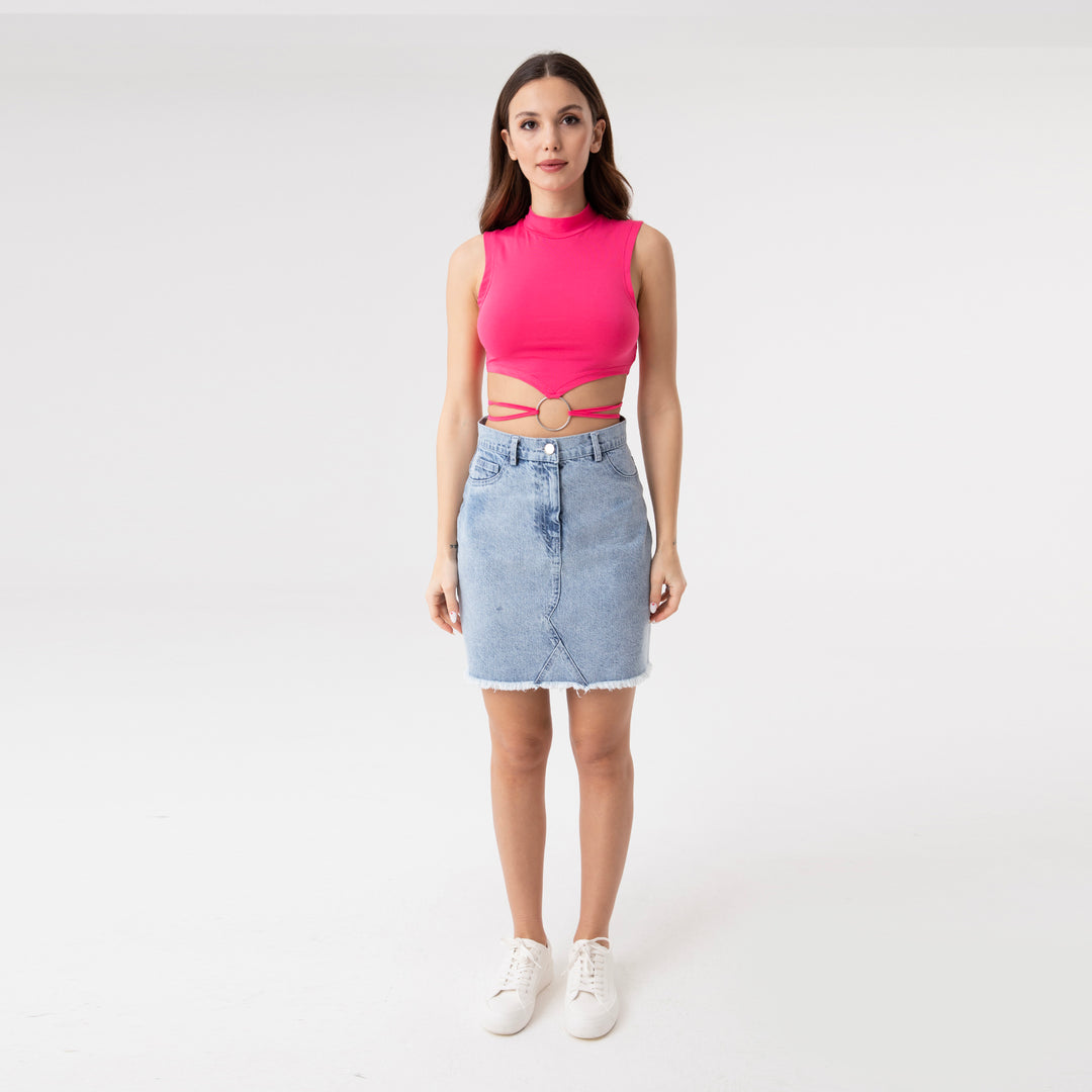 Crop Top Metal Ring and Cut Off Shoulder Detail Top 31060