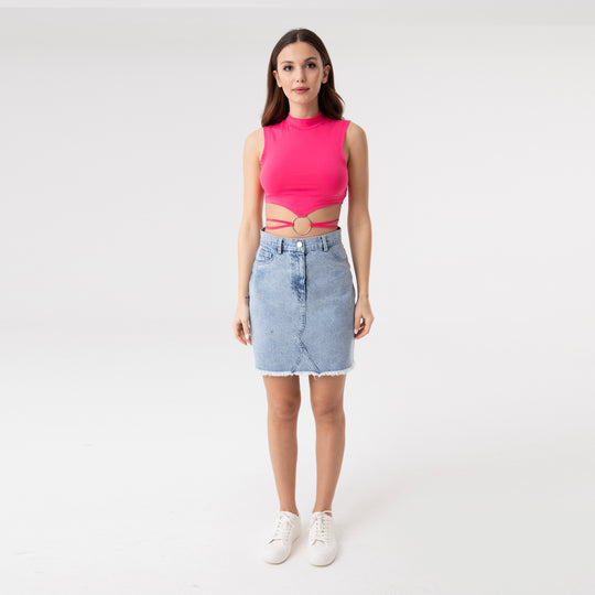 Crop Top Metal Ring and Cut Off Shoulder Detail Top 31060