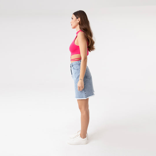 Crop Top Metal Ring and Cut Off Shoulder Detail Top 31060