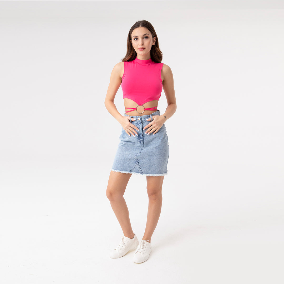 Crop Top Metal Ring and Cut Off Shoulder Detail Top 31060