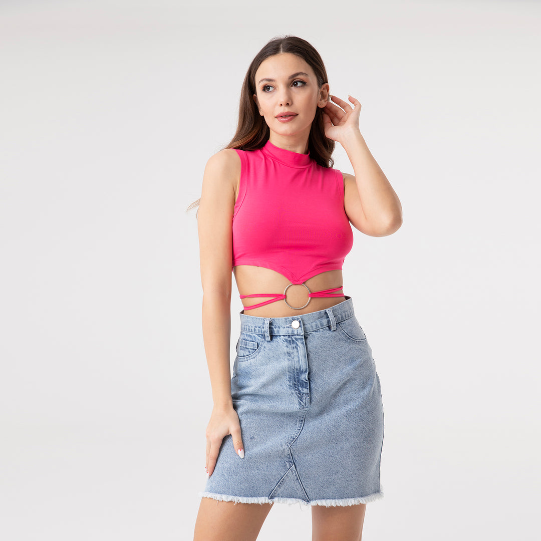Crop Top Metal Ring and Cut Off Shoulder Detail Top 31060