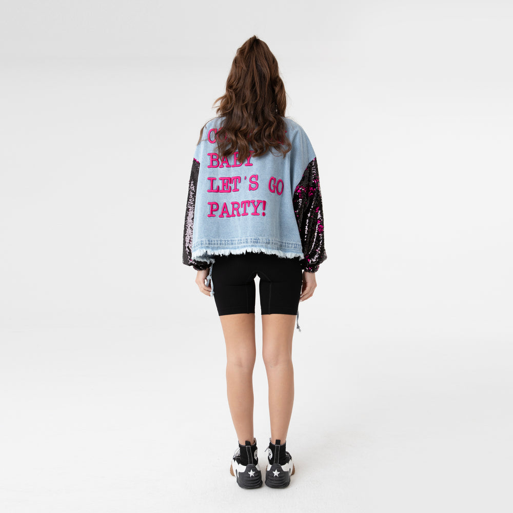 Sequin Detail on Sleeve Embroidery Jean Jacket 31057