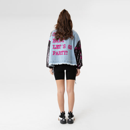 Sequin Detail on Sleeve Embroidery Jean Jacket 31057