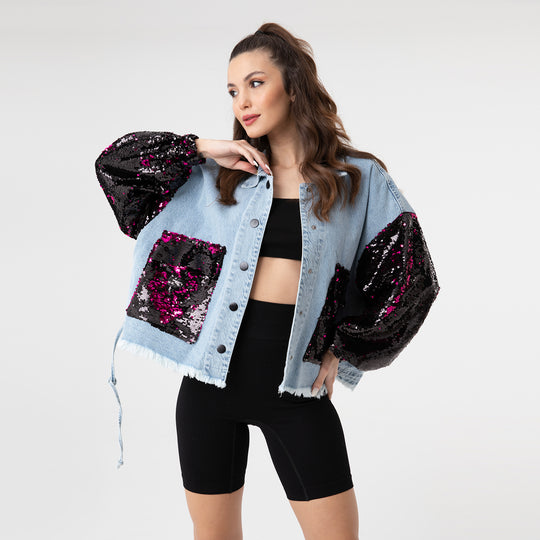 Sequin Detail on Sleeve Embroidery Jean Jacket 31057