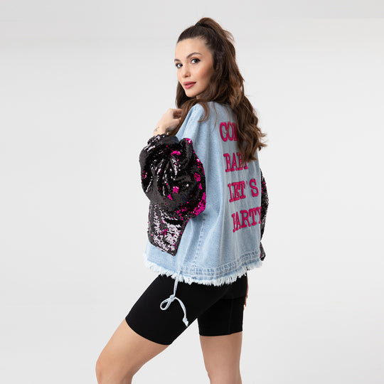 Sequin Detail on Sleeve Embroidery Jean Jacket 31057