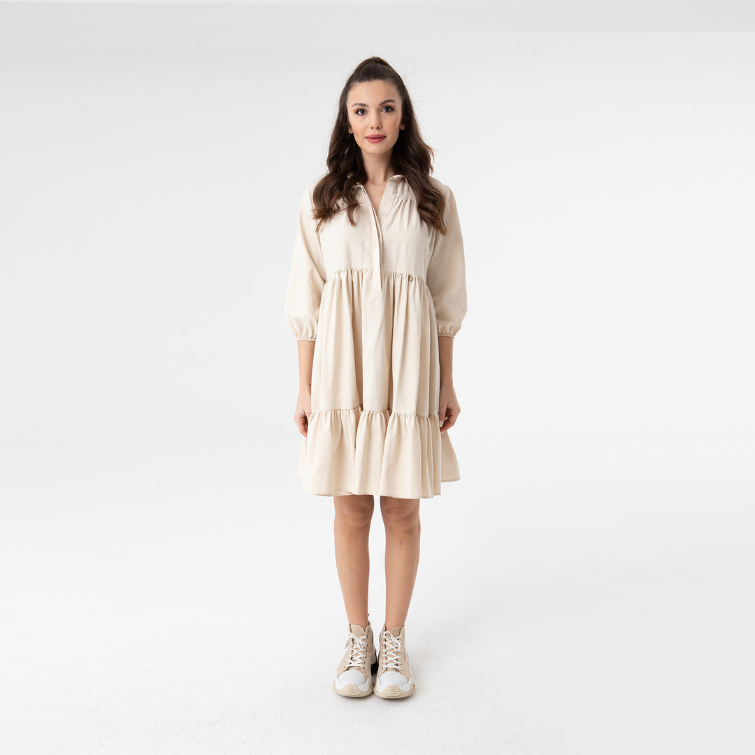 Shirt Collar Balloon Sleeve Midi Poplin Dress 31128
