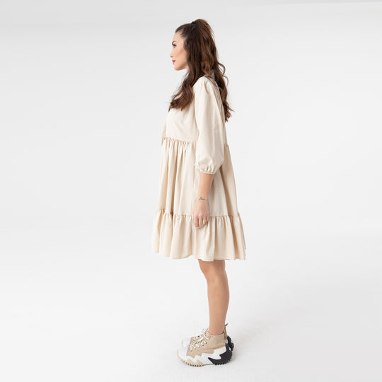 Shirt Collar Balloon Sleeve Midi Poplin Dress 31128