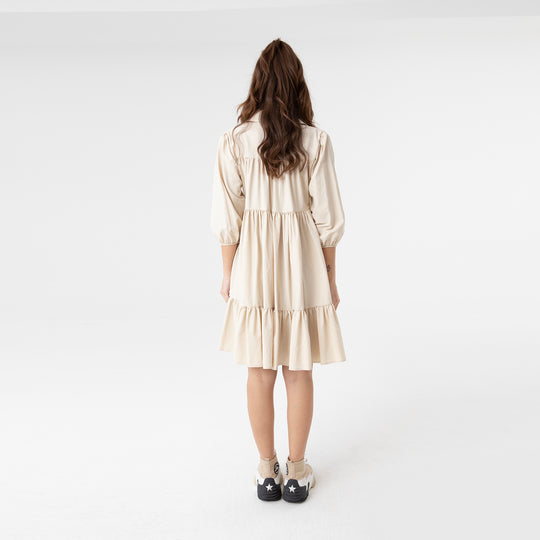 Shirt Collar Balloon Sleeve Midi Poplin Dress 31128