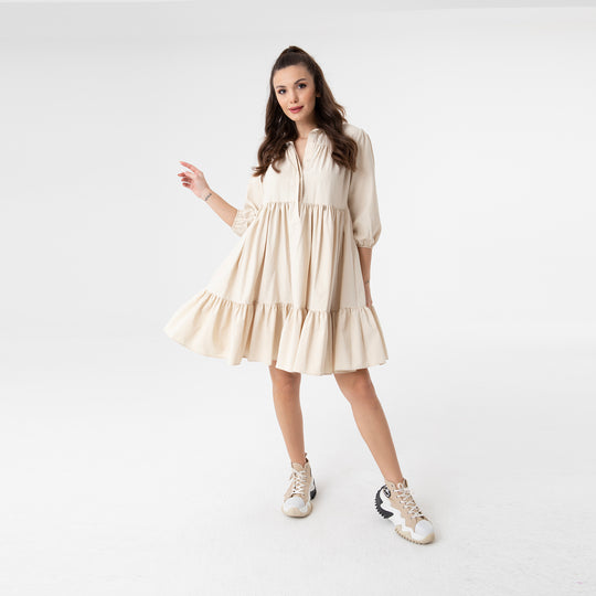 Shirt Collar Balloon Sleeve Midi Poplin Dress 31128