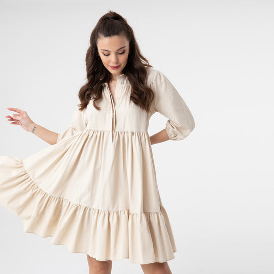 Shirt Collar Balloon Sleeve Midi Poplin Dress 31128