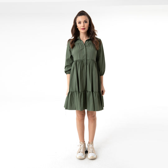 Shirt Collar Balloon Sleeve Midi Poplin Dress 31128