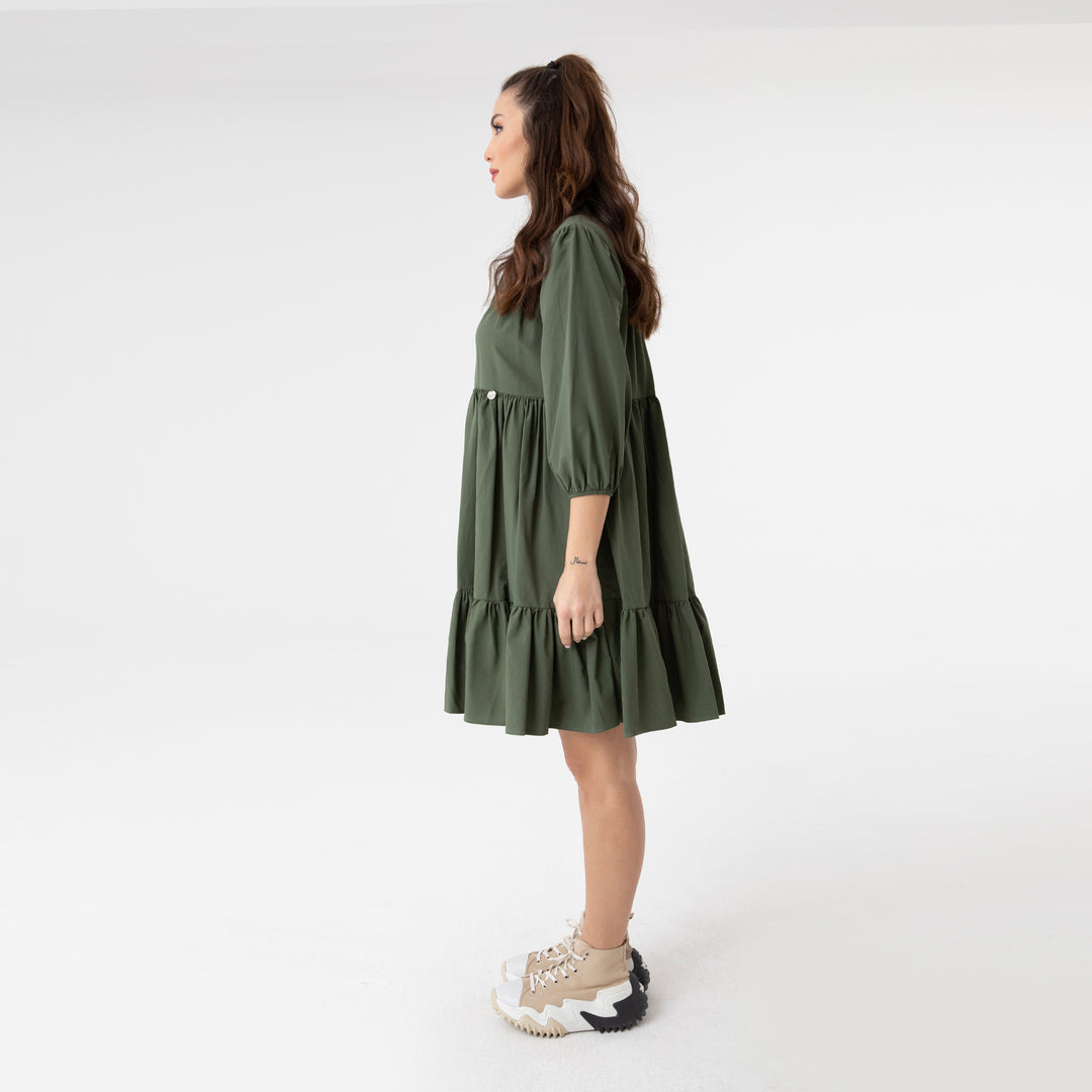 Shirt Collar Balloon Sleeve Midi Poplin Dress 31128