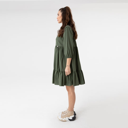 Shirt Collar Balloon Sleeve Midi Poplin Dress 31128