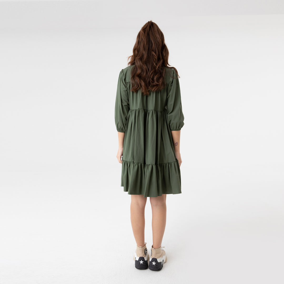 Shirt Collar Balloon Sleeve Midi Poplin Dress 31128
