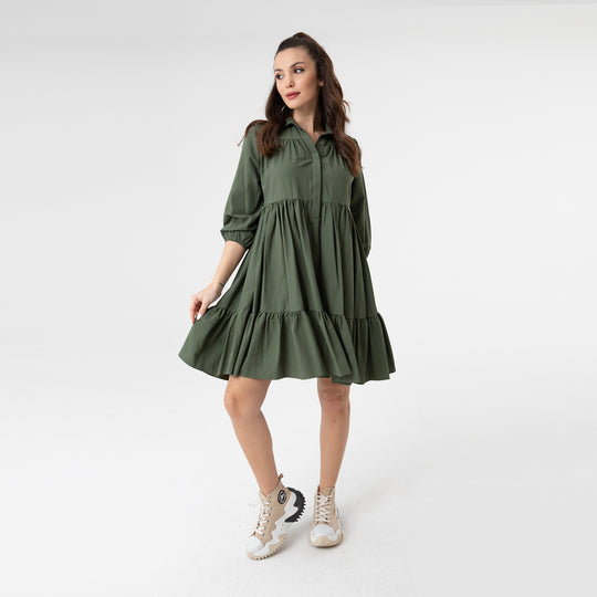 Shirt Collar Balloon Sleeve Midi Poplin Dress 31128