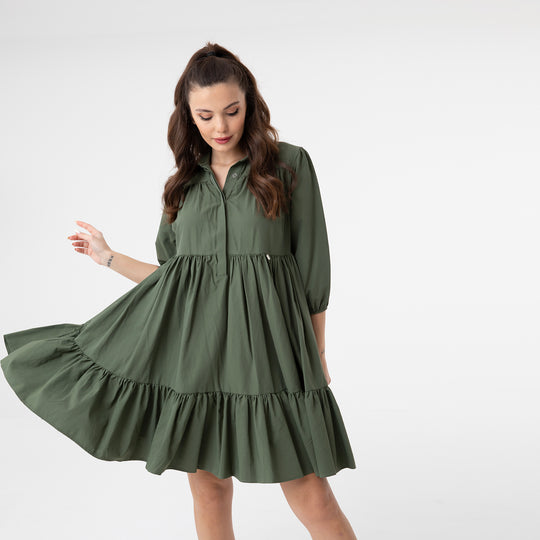 Shirt Collar Balloon Sleeve Midi Poplin Dress 31128