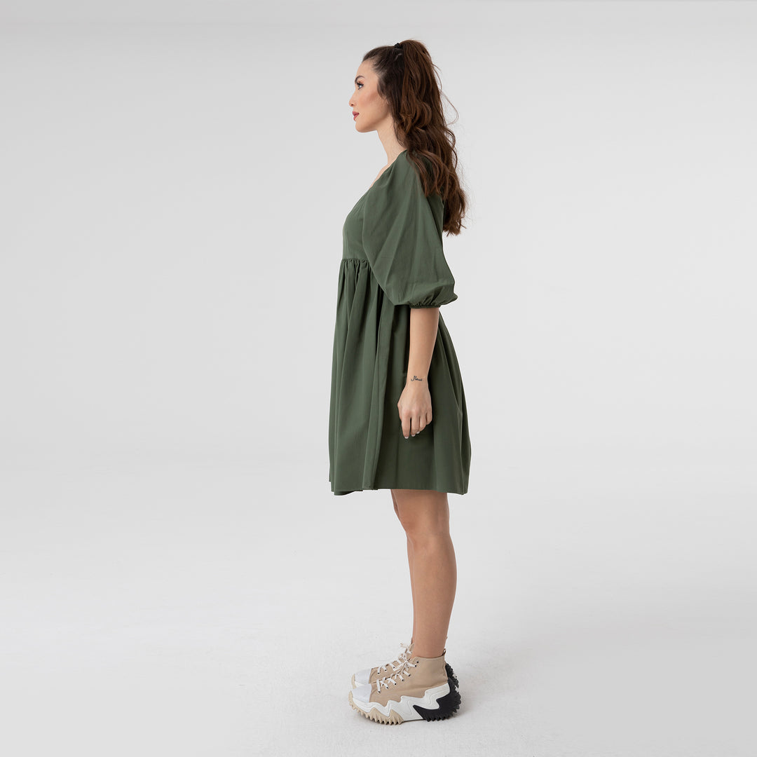 Shirred Ruffled Hem Mini Poplin Dress 31153