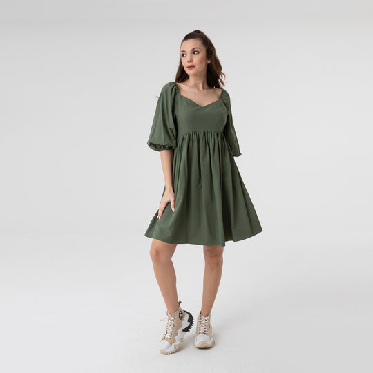Shirred Ruffled Hem Mini Poplin Dress 31153