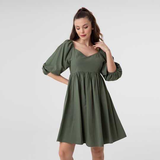 Shirred Ruffled Hem Mini Poplin Dress 31153