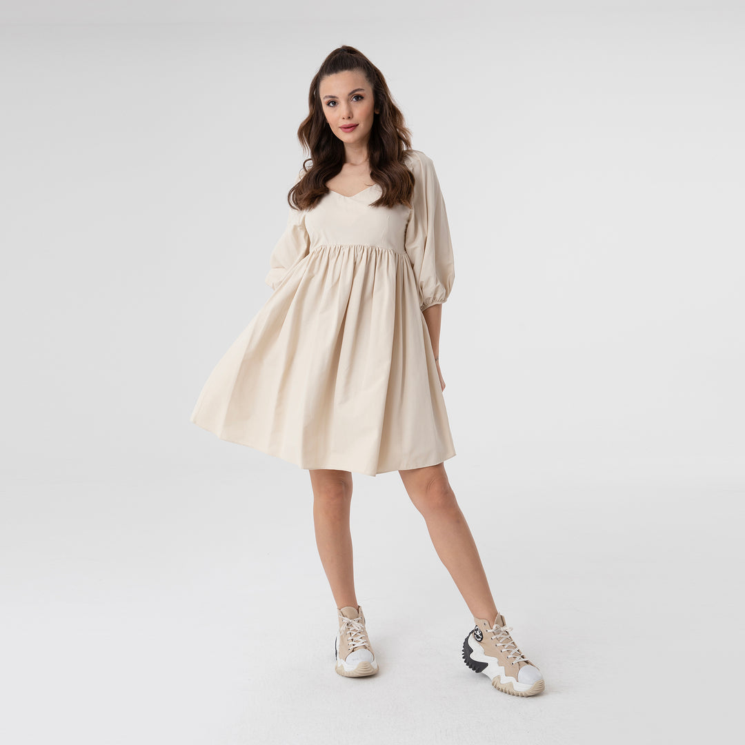 Shirred Ruffled Hem Mini Poplin Dress 31153