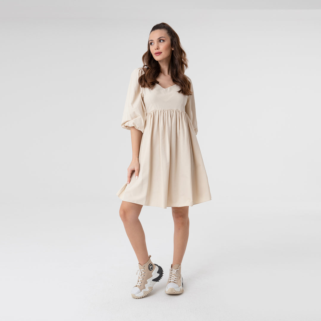 Shirred Ruffled Hem Mini Poplin Dress 31153