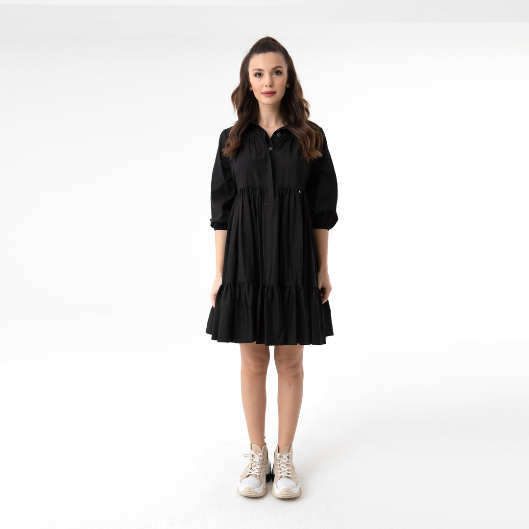 Shirt Collar Balloon Sleeve Midi Poplin Dress 31128