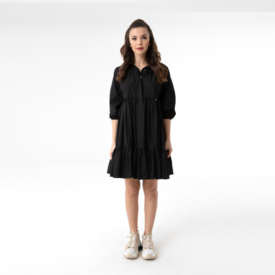 Shirt Collar Balloon Sleeve Midi Poplin Dress 31128