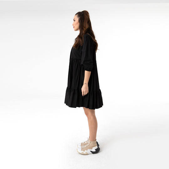 Shirt Collar Balloon Sleeve Midi Poplin Dress 31128