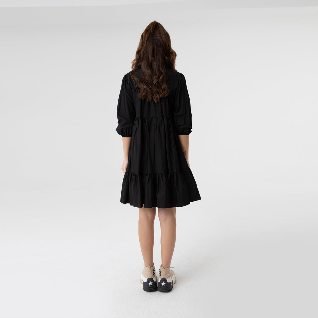 Shirt Collar Balloon Sleeve Midi Poplin Dress 31128