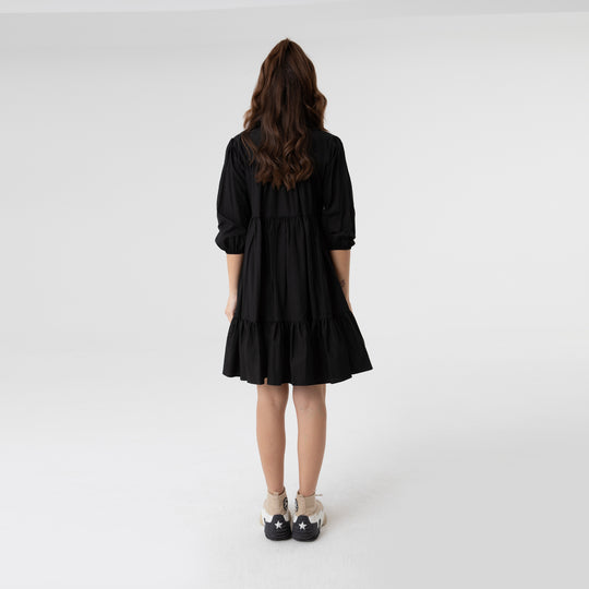 Shirt Collar Balloon Sleeve Midi Poplin Dress 31128