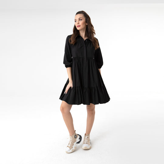 Shirt Collar Balloon Sleeve Midi Poplin Dress 31128