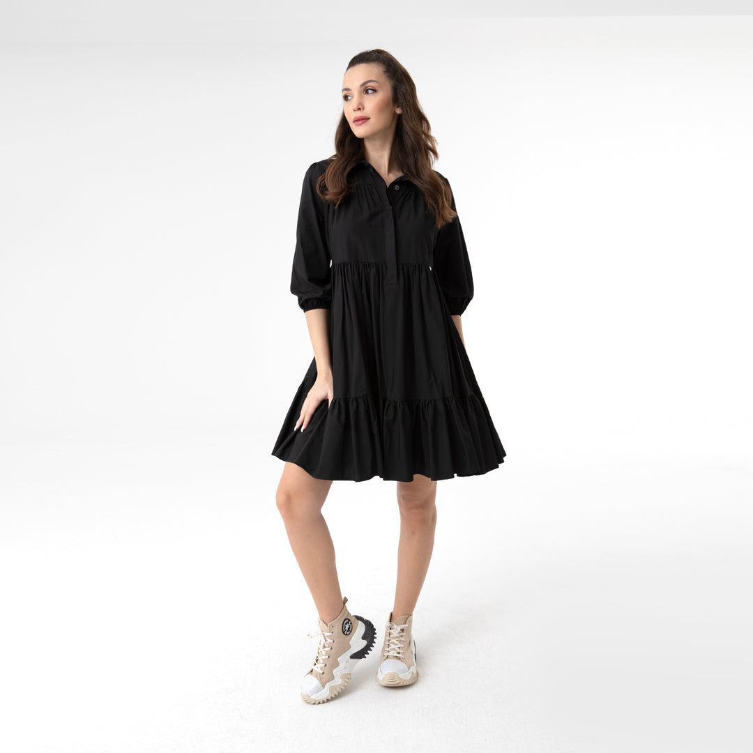 Shirt Collar Balloon Sleeve Midi Poplin Dress 31128