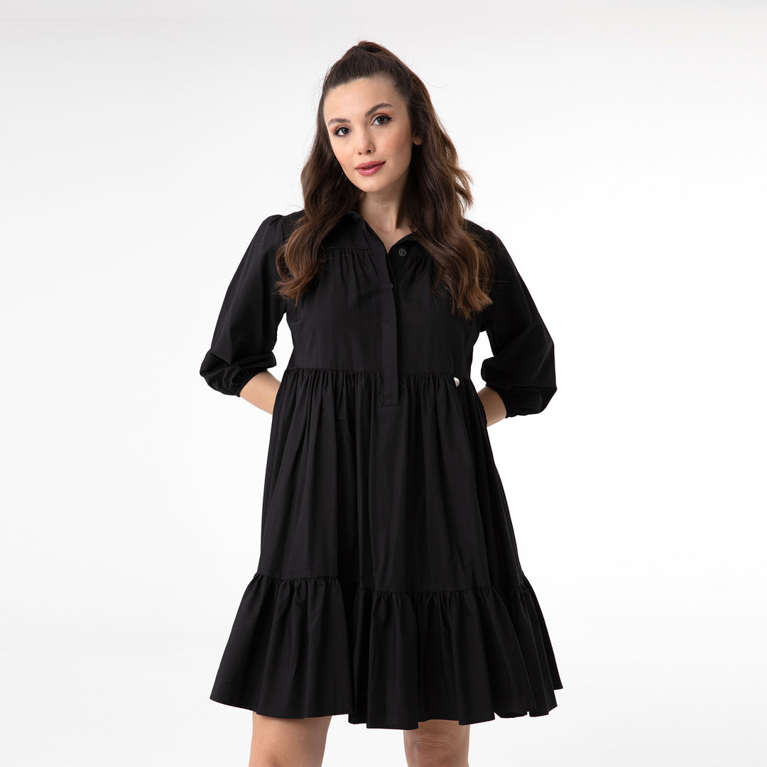 Shirt Collar Balloon Sleeve Midi Poplin Dress 31128