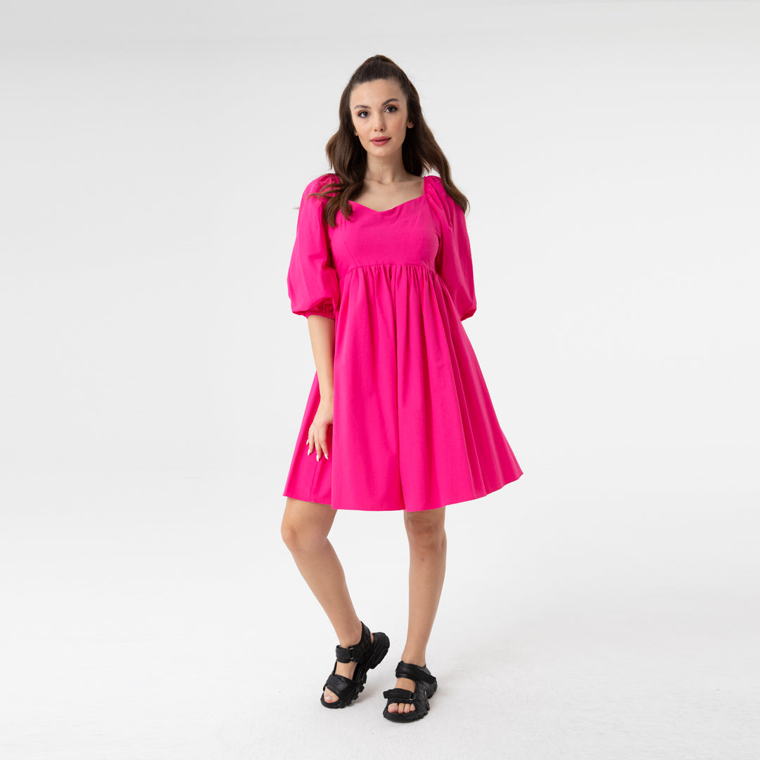 Shirred Ruffled Hem Mini Poplin Dress 31153