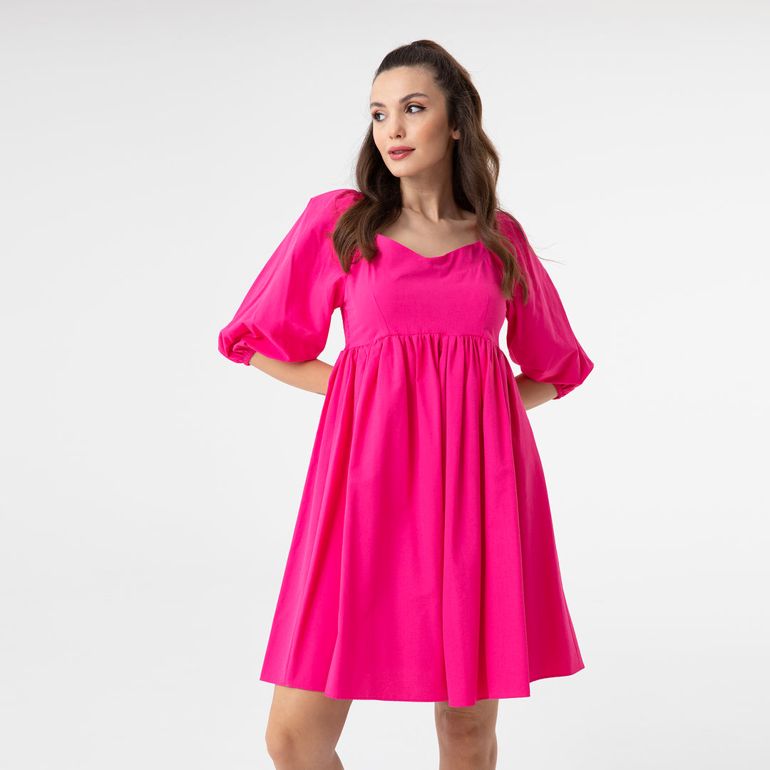 Shirred Ruffled Hem Mini Poplin Dress 31153