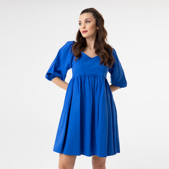 Shirred Ruffled Hem Mini Poplin Dress 31153