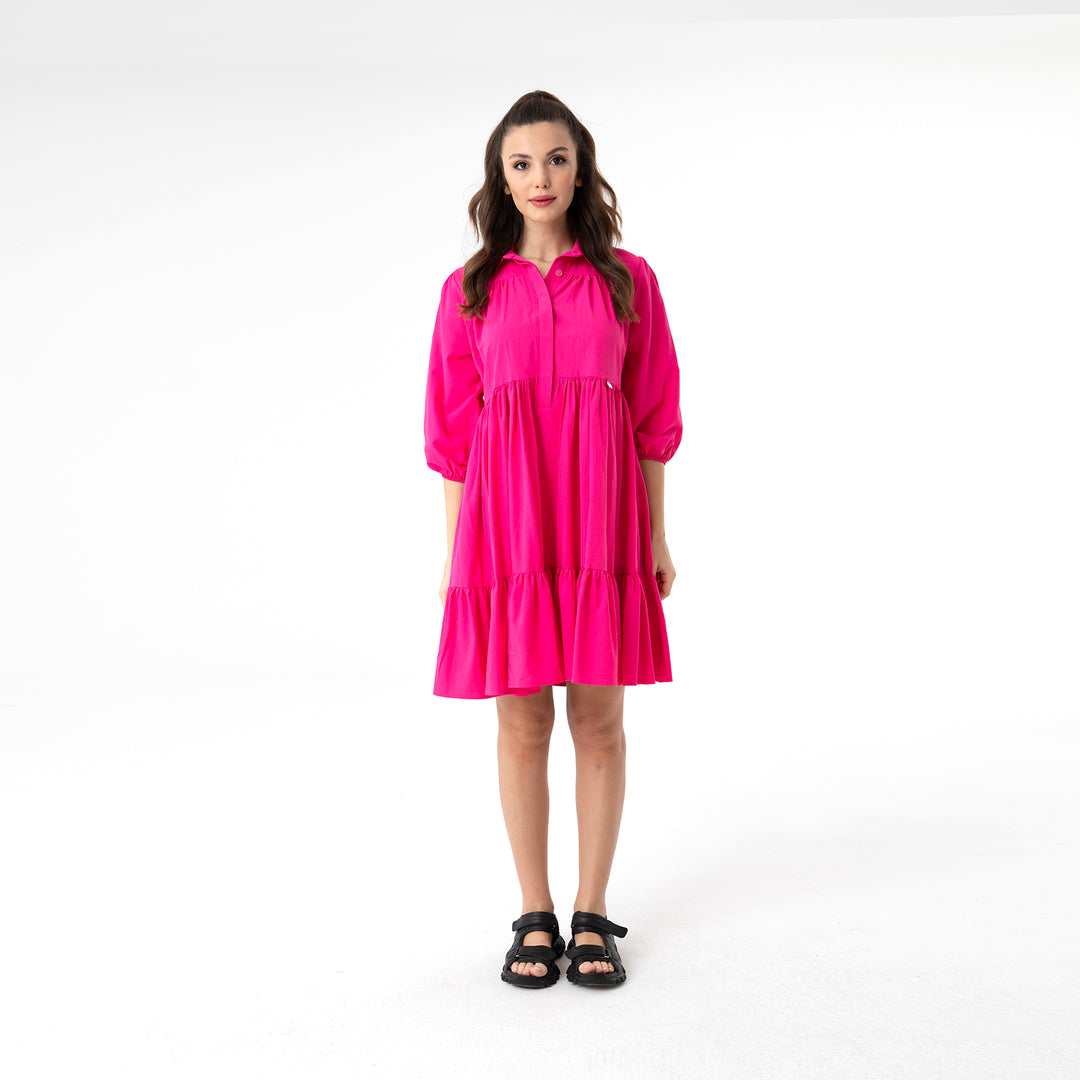 Shirt Collar Balloon Sleeve Midi Poplin Dress 31128