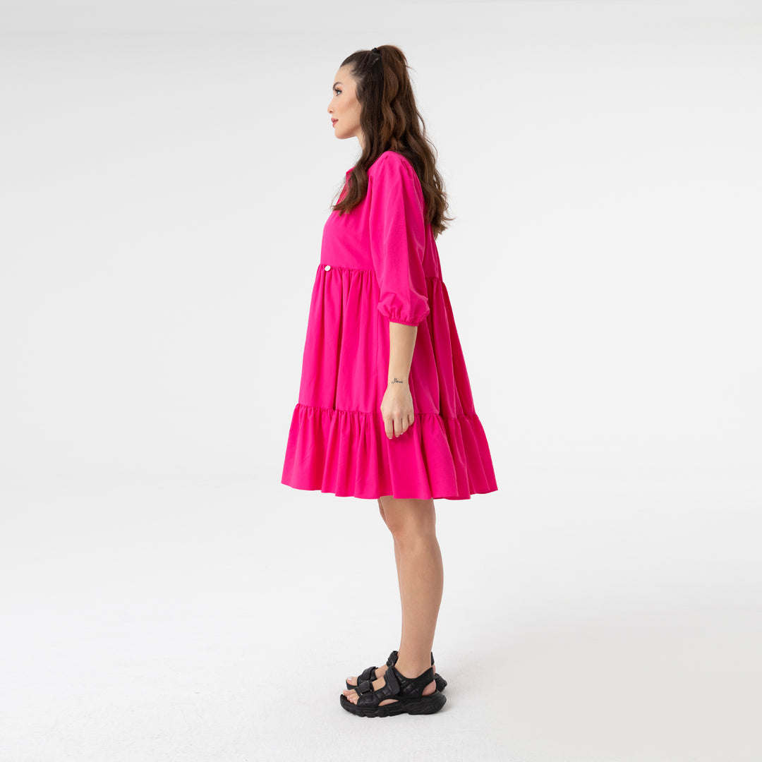 Shirt Collar Balloon Sleeve Midi Poplin Dress 31128