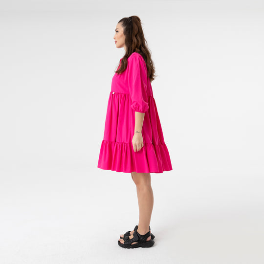 Shirt Collar Balloon Sleeve Midi Poplin Dress 31128