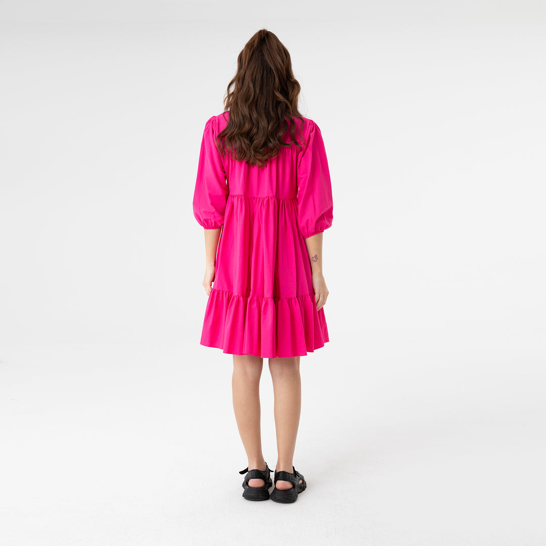 Shirt Collar Balloon Sleeve Midi Poplin Dress 31128
