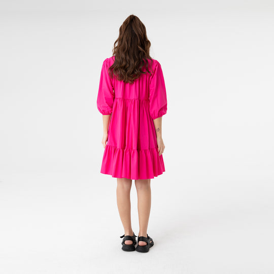 Shirt Collar Balloon Sleeve Midi Poplin Dress 31128