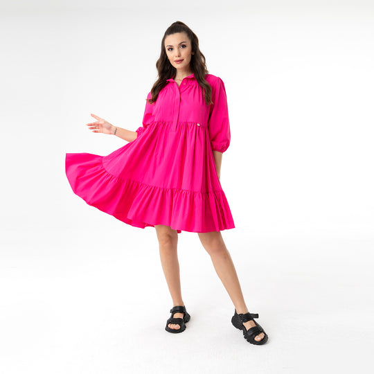 Shirt Collar Balloon Sleeve Midi Poplin Dress 31128