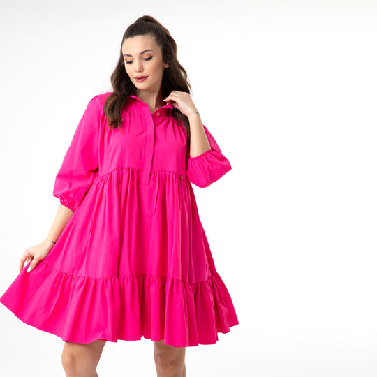 Shirt Collar Balloon Sleeve Midi Poplin Dress 31128