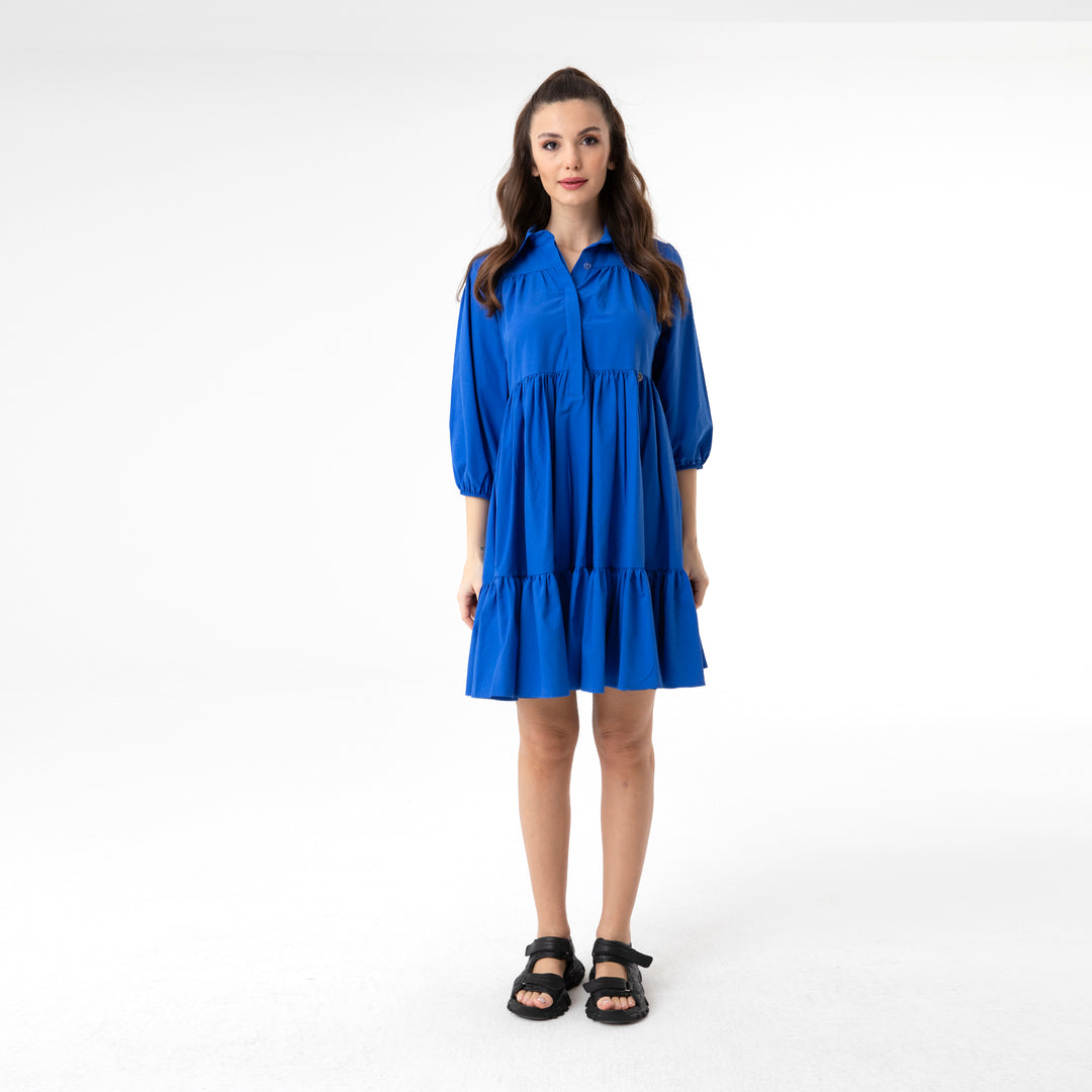 Shirt Collar Balloon Sleeve Midi Poplin Dress 31128