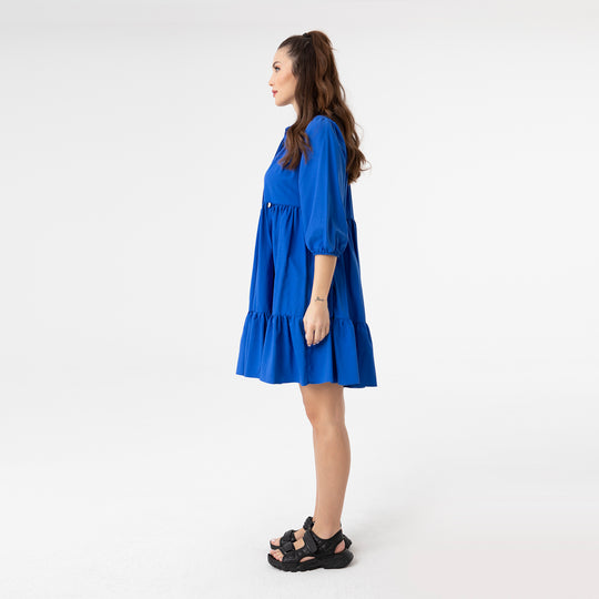 Shirt Collar Balloon Sleeve Midi Poplin Dress 31128