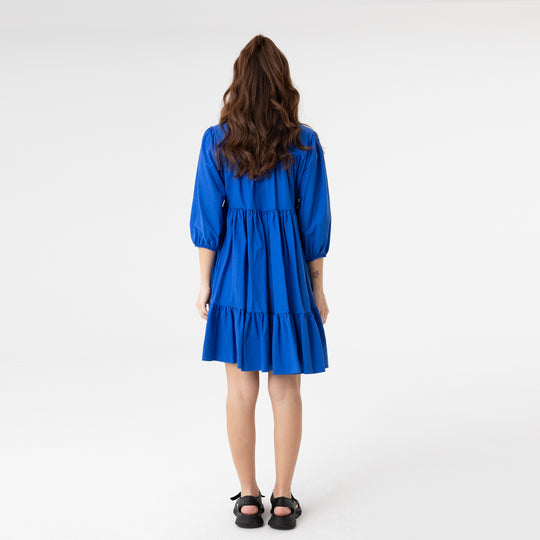 Shirt Collar Balloon Sleeve Midi Poplin Dress 31128