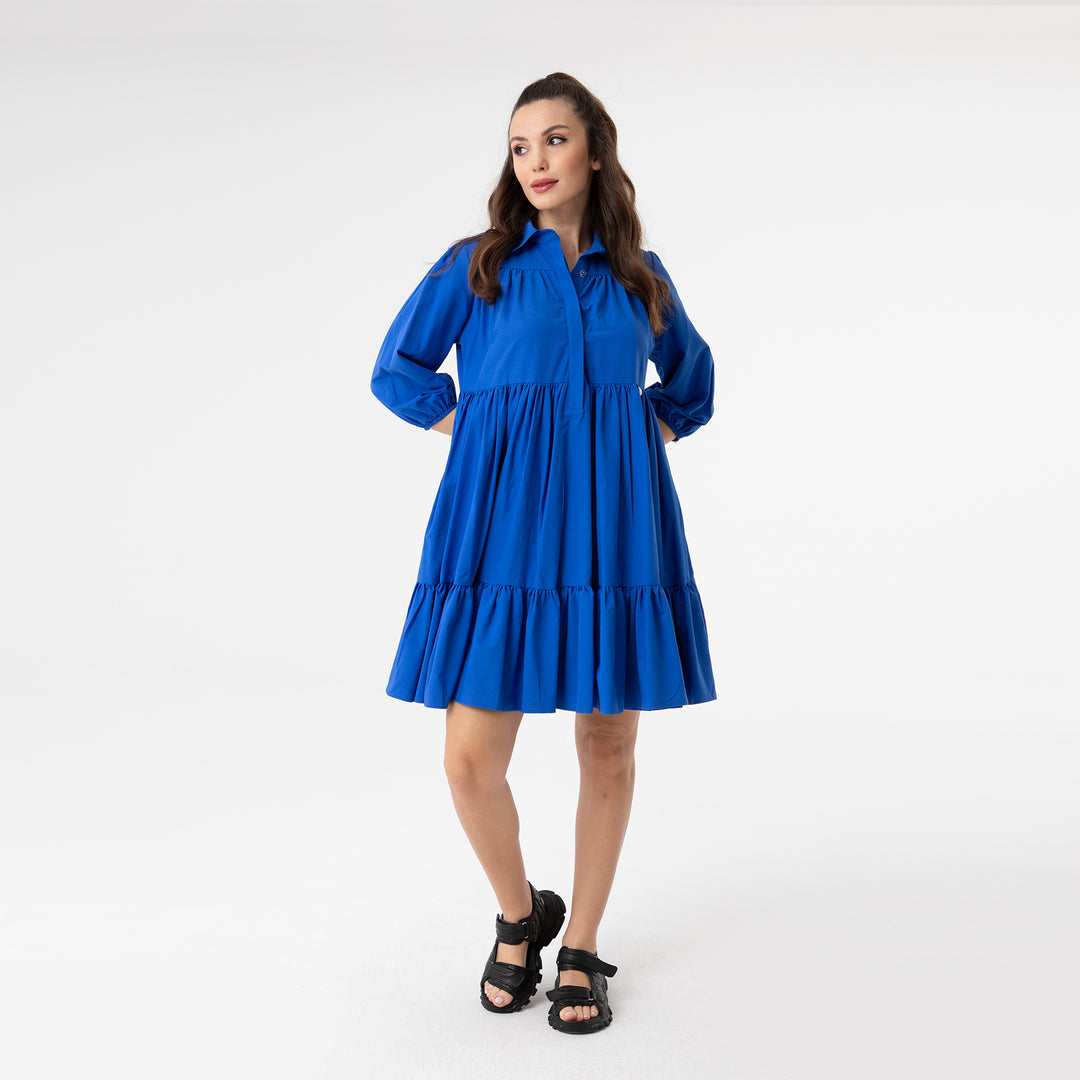 Shirt Collar Balloon Sleeve Midi Poplin Dress 31128